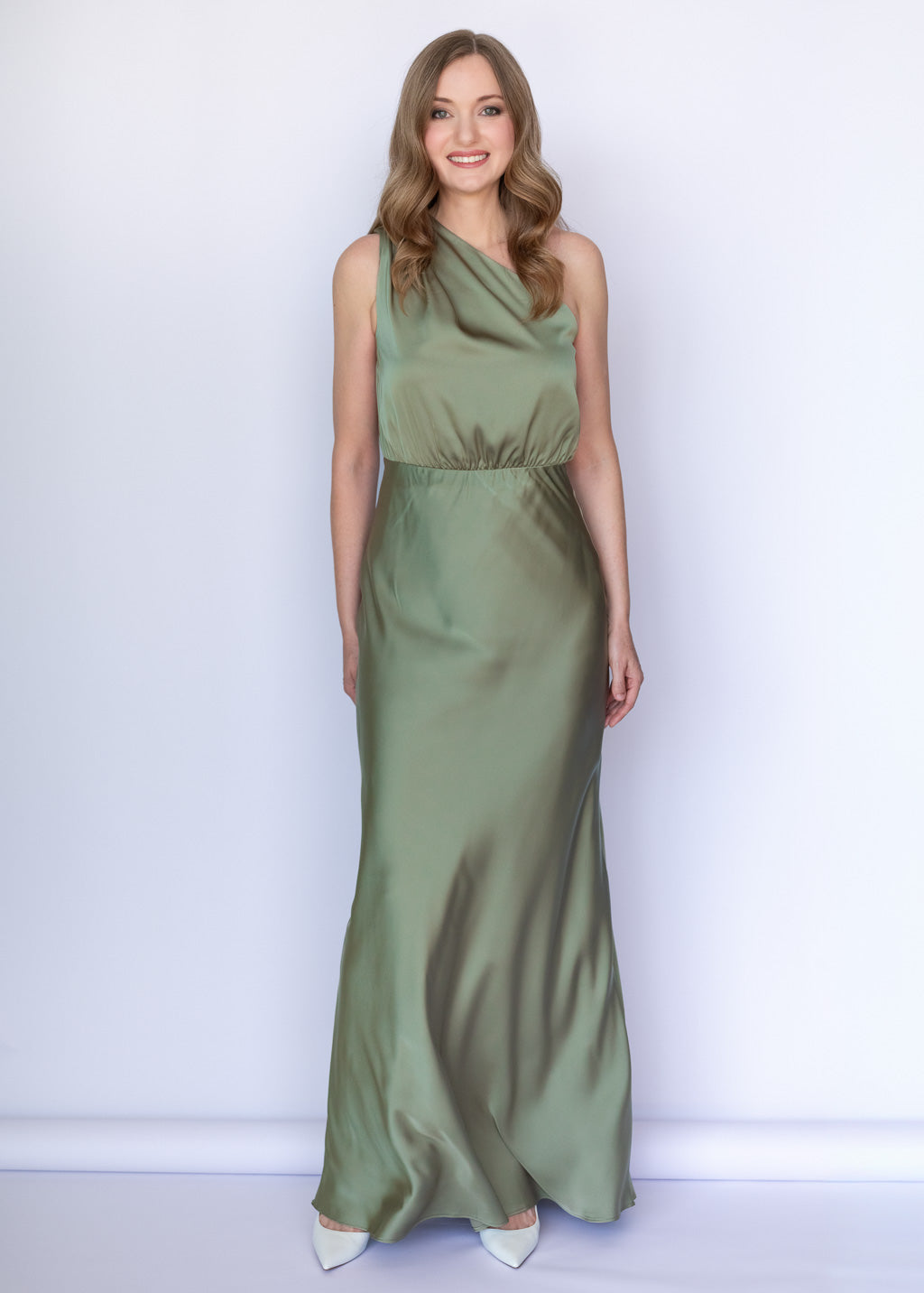 Шовкова святкова сукня на одне плече у кольорі Olive Green