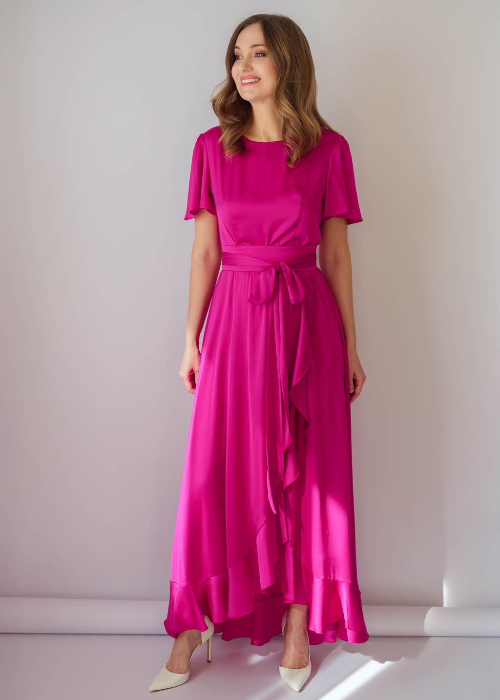 Романтична  шовкова сукня з поясом в кольорі Fuchsia