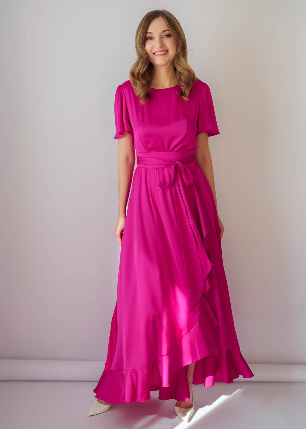 Романтична  шовкова сукня з поясом в кольорі Fuchsia