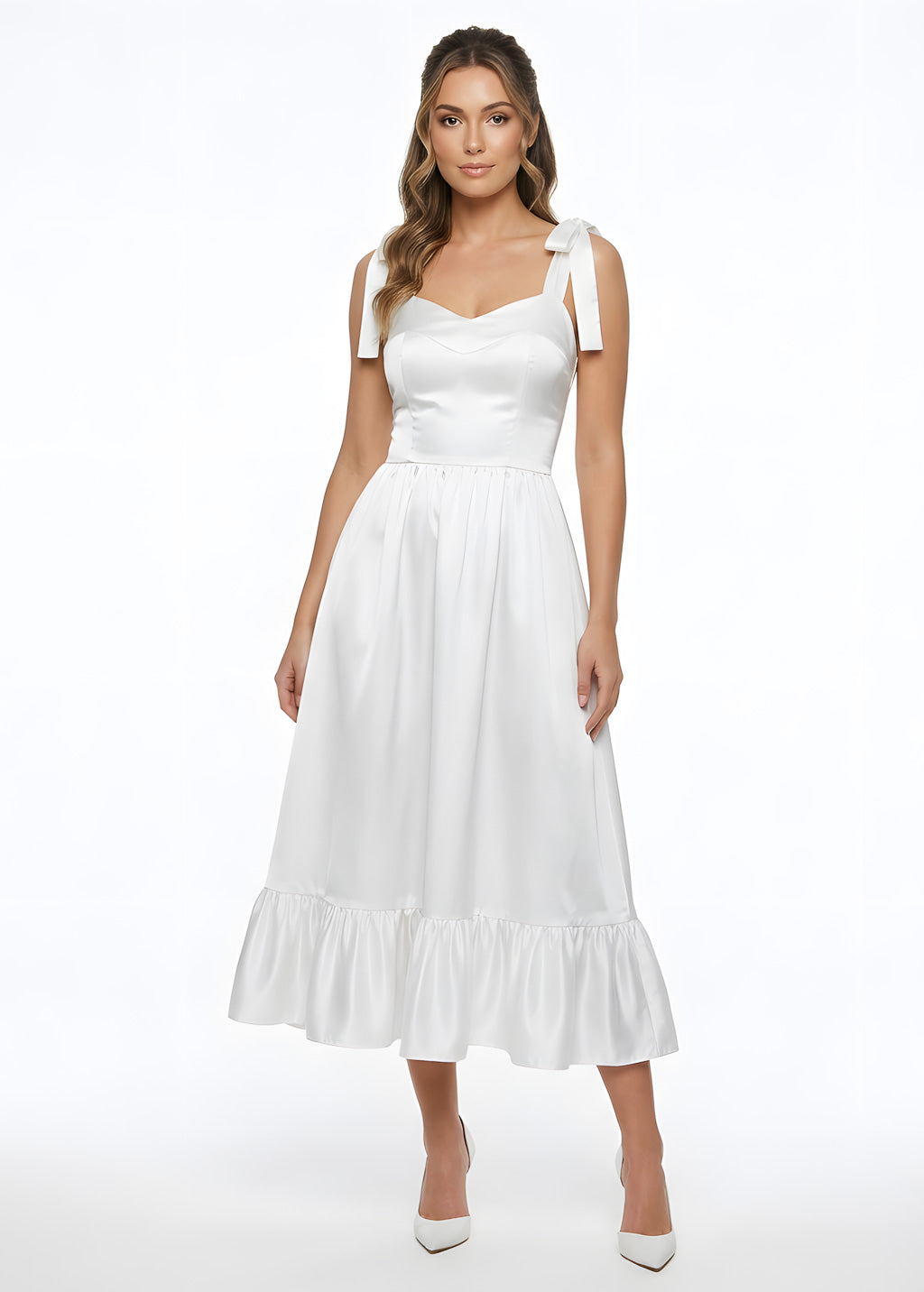 Романтична біла сатинова сукня