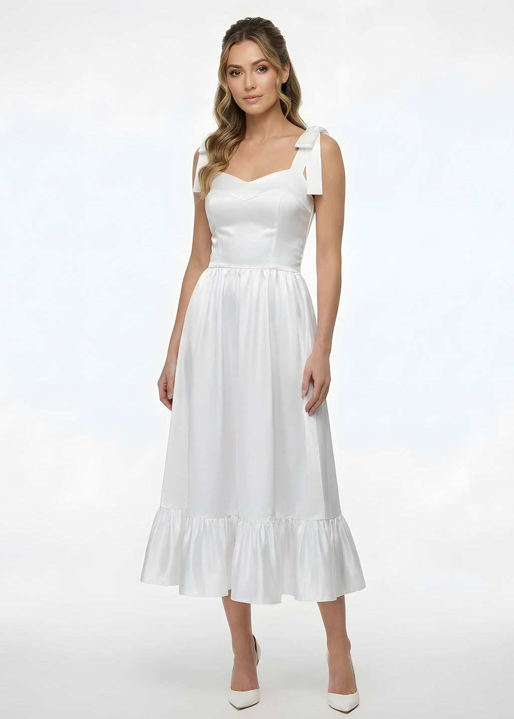 Романтична біла сатинова сукня