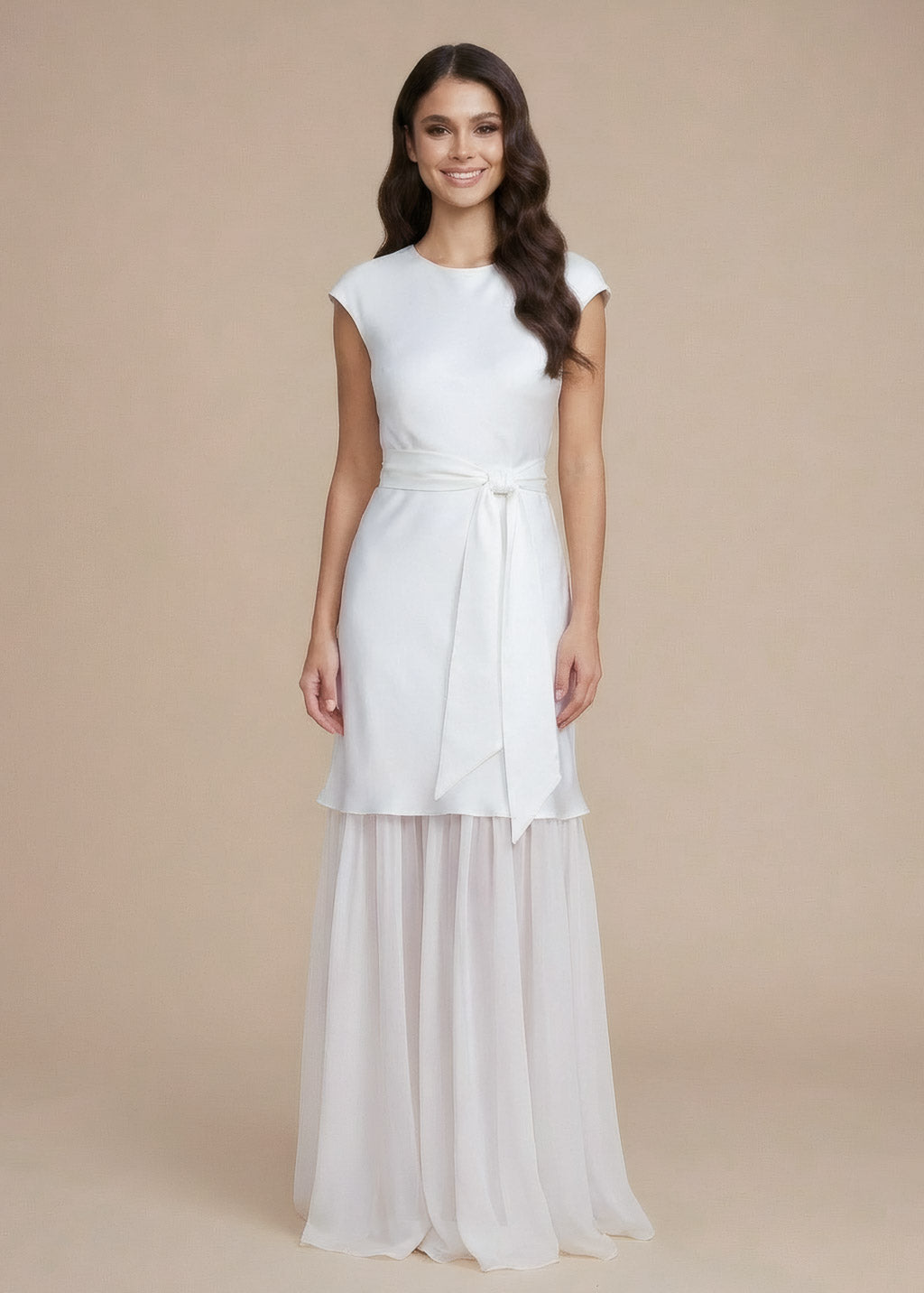 Cукня з поєднанням шовку та шифону з поясом