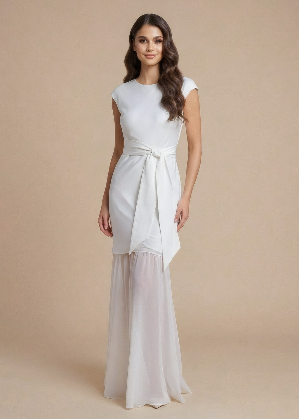 Cукня з поєднанням шовку та шифону з поясом