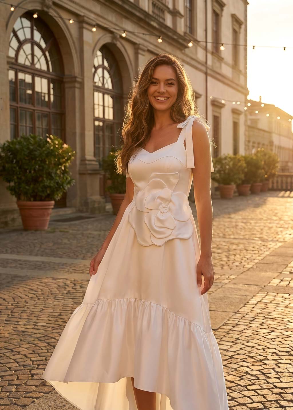 Романтична асиметрична сатинова сукня з квіткою ручної роботи