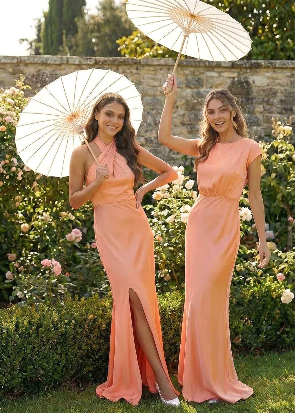 Шовкова святкова довга сукня з розрізом в кольорі Peach Fuzz