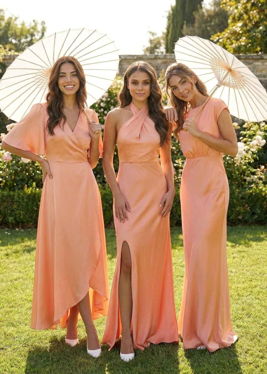 Шовкова святкова довга сукня з розрізом в кольорі Peach Fuzz