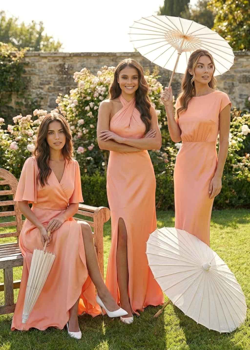 Шовкова святкова довга сукня з розрізом в кольорі Peach Fuzz