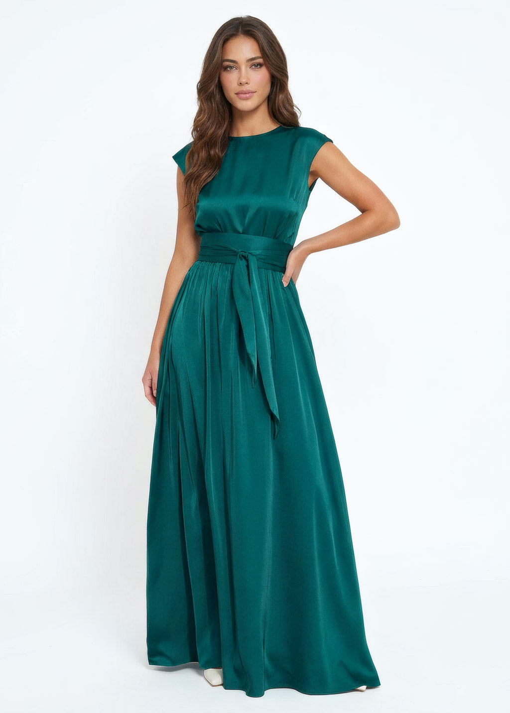 Шовкова довга сукня з поясом в кольорі Teal