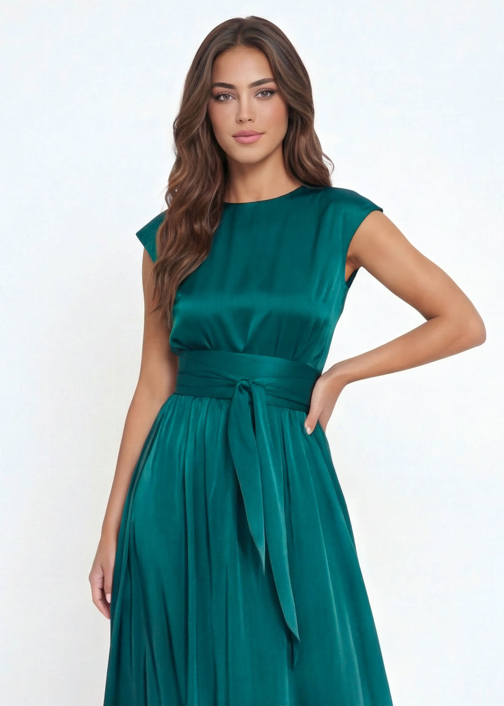 Шовкова довга сукня з поясом в кольорі Teal