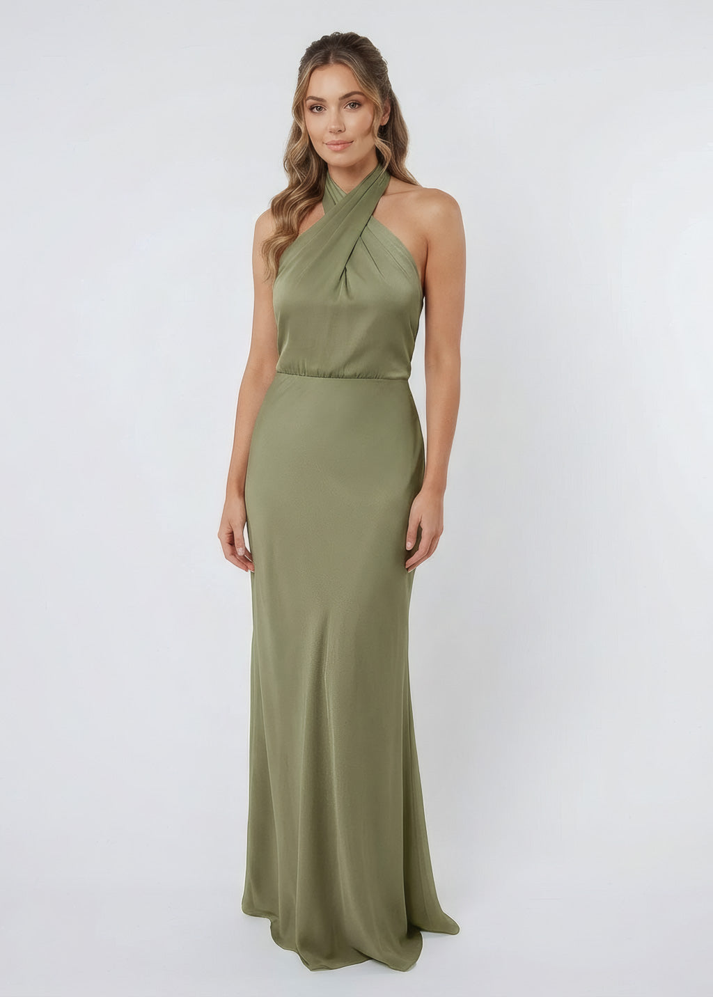Шовкова святкова довга сукня з розрізом в кольорі Olive Green