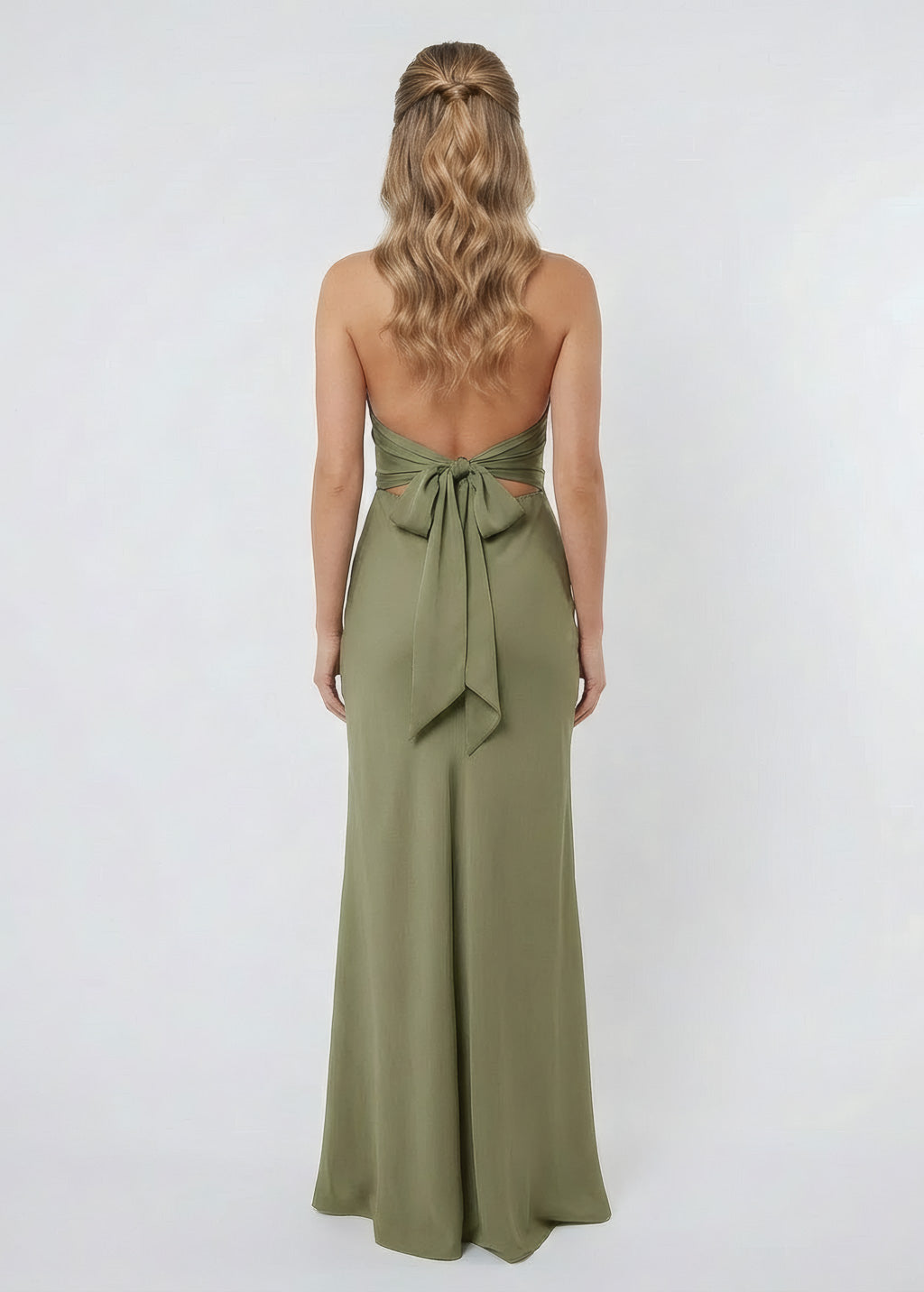 Шовкова святкова довга сукня з розрізом в кольорі Olive Green
