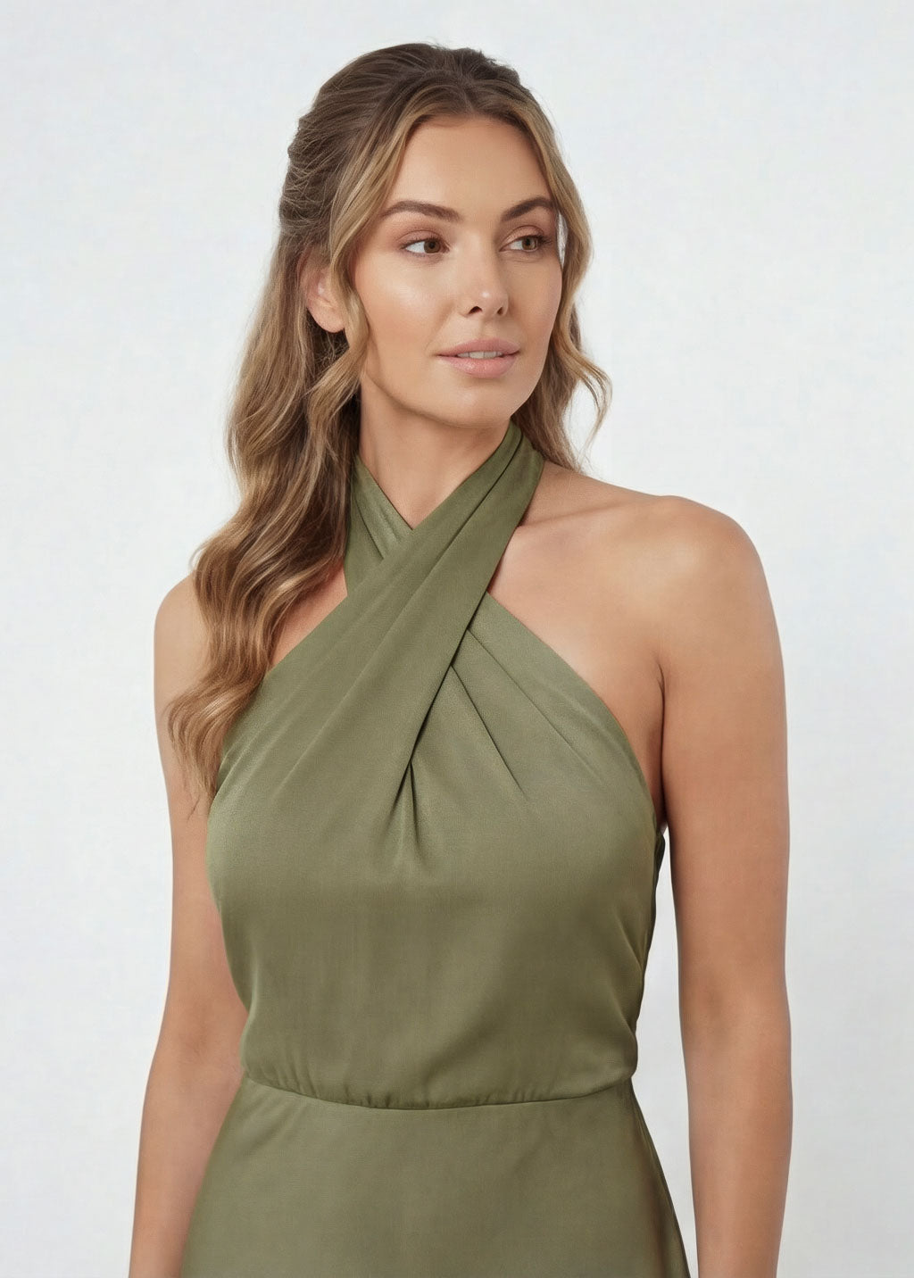 Шовкова святкова довга сукня з розрізом в кольорі Olive Green