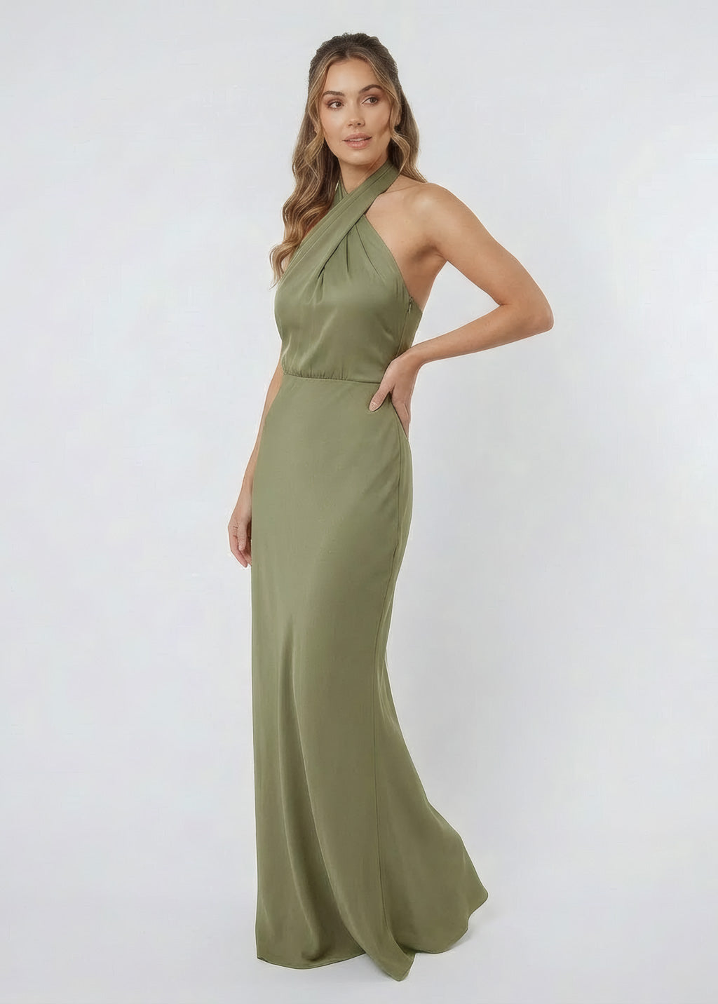 Шовкова святкова довга сукня з розрізом в кольорі Olive Green
