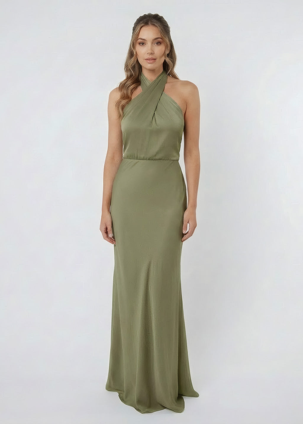 Шовкова святкова довга сукня з розрізом в кольорі Olive Green
