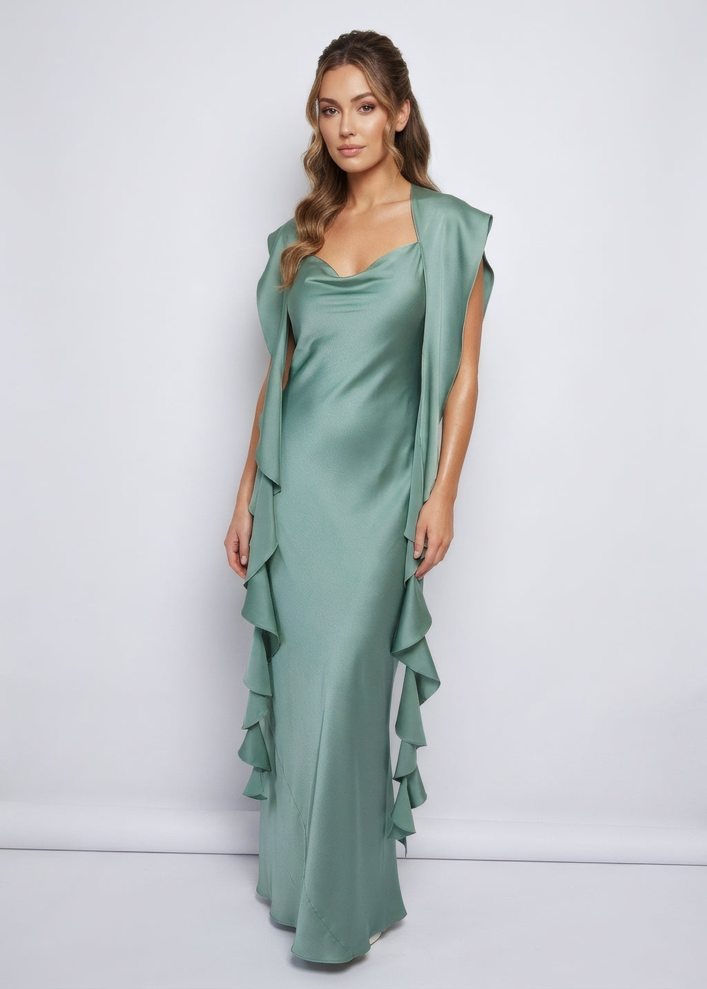 Шовкова довга сукня шарфом-поясом в кольорі Sage Green