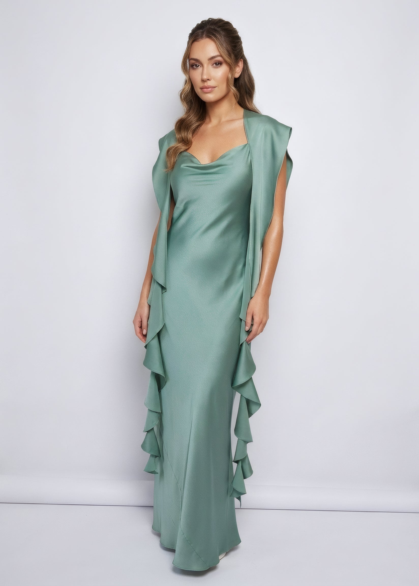 Шовкова довга сукня шарфом-поясом в кольорі Sage Green