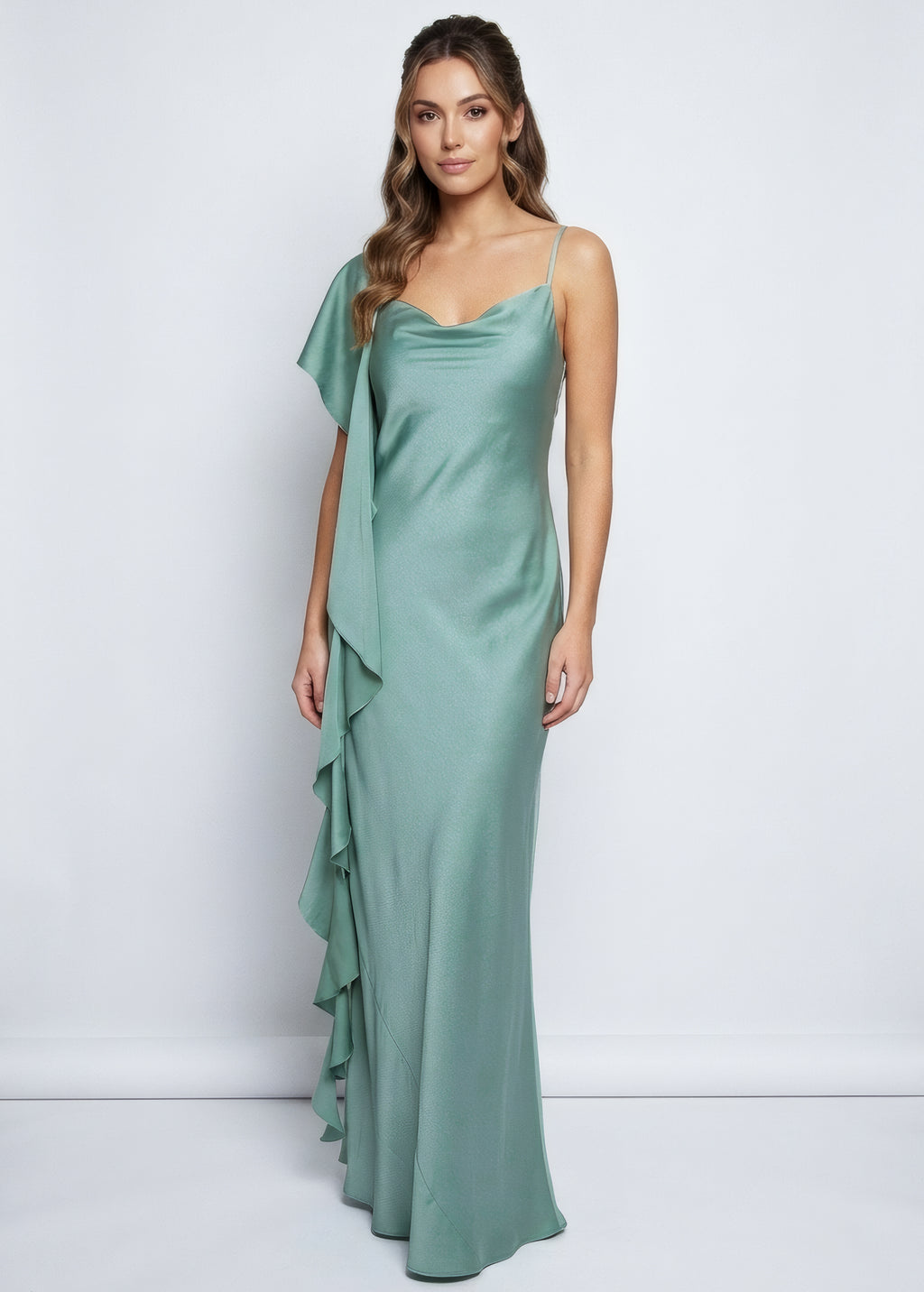 Шовкова довга сукня шарфом-поясом в кольорі Sage Green