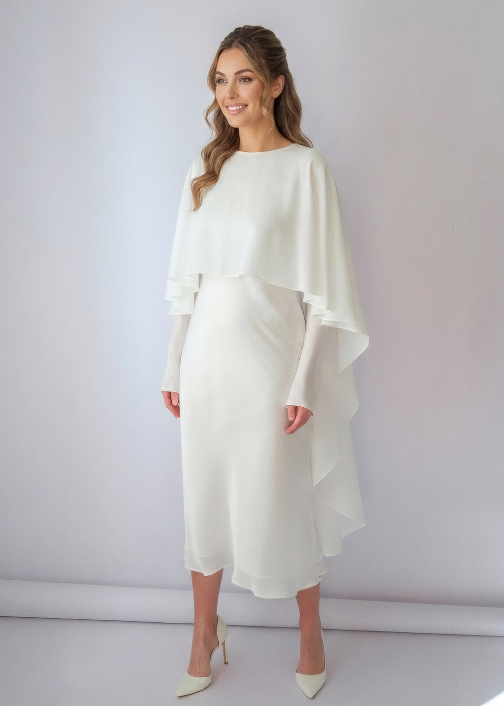 Шовкова витончена сукня з шифоновим кейпом в кольорі Ivory
