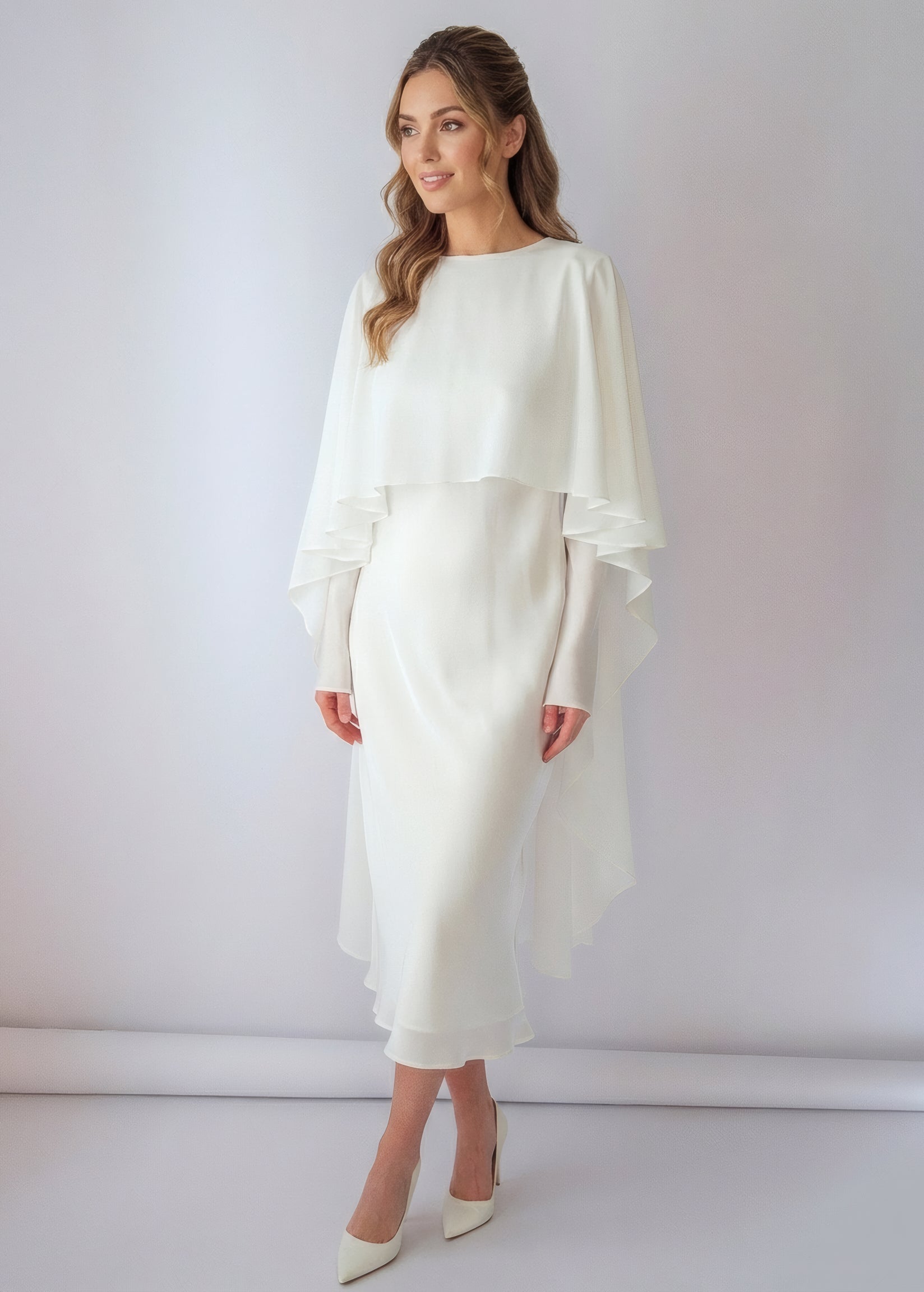 Шовкова витончена сукня з шифоновим кейпом в кольорі Ivory