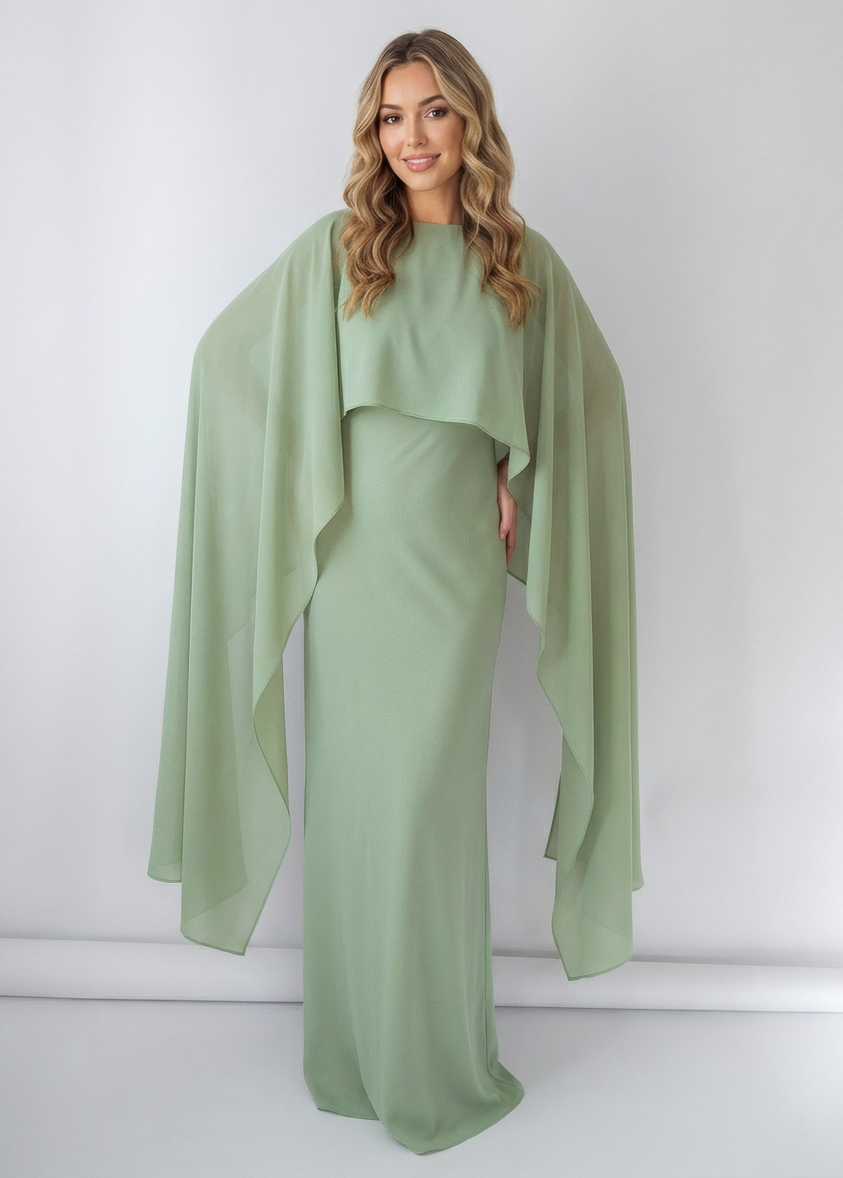 Довга шифонова сукня з кейпом в кольорі Sage Green