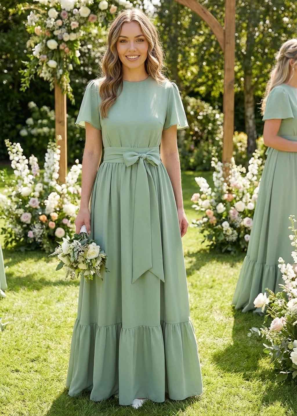 Шифонова сукня з поясом в кольорі Sage Green