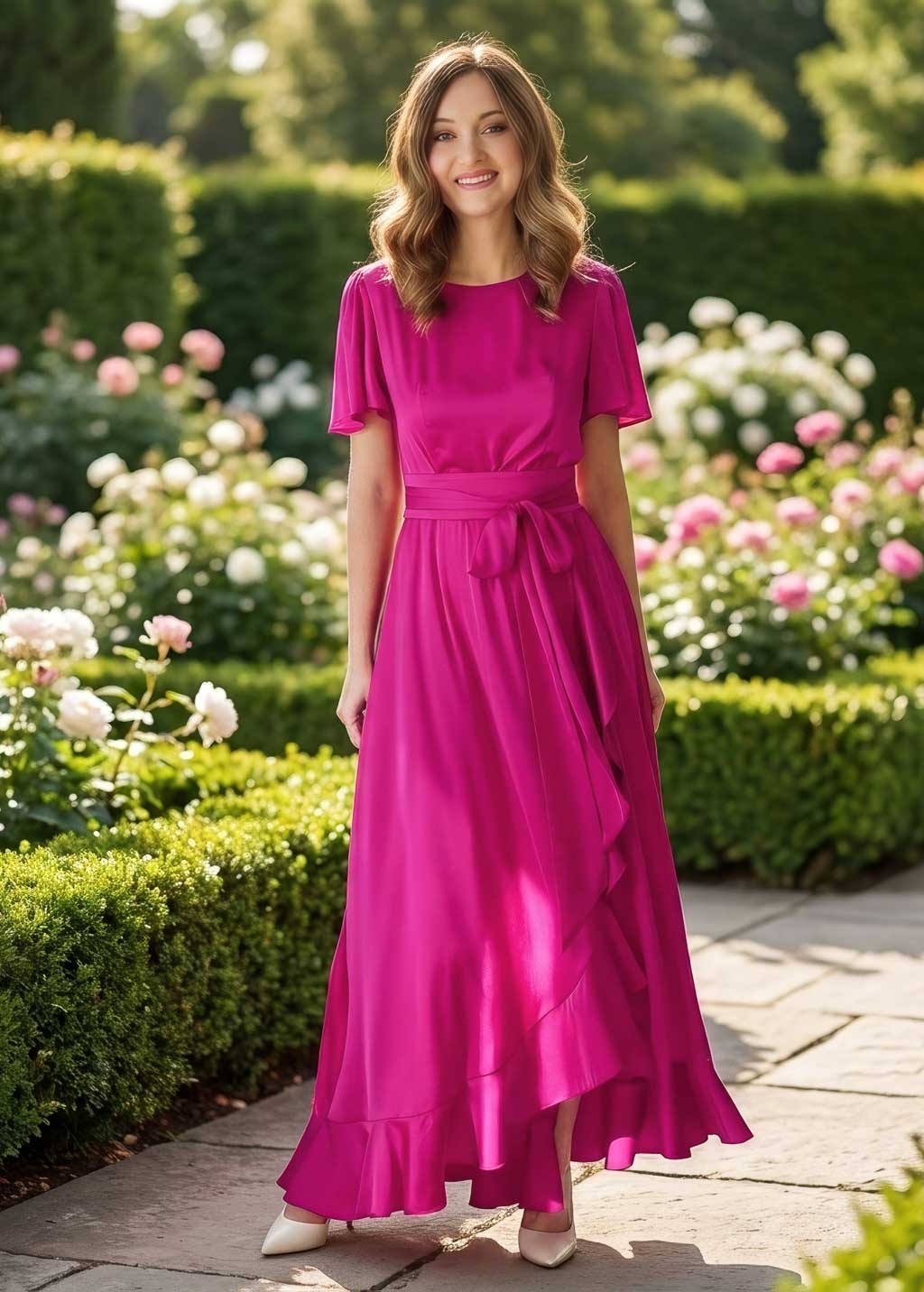 Романтична  шовкова сукня з поясом в кольорі Fuchsia