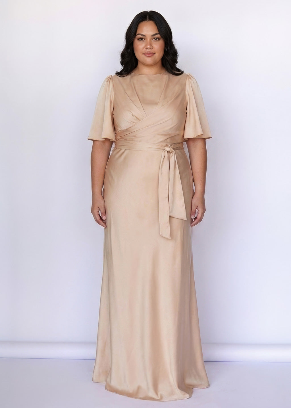 Шовкова довга сукня з поясом в кольорі Champagne Gold