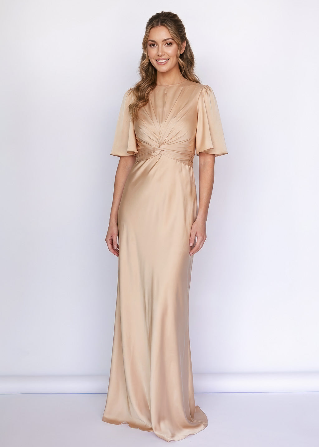 Шовкова довга сукня з поясом в кольорі Champagne Gold