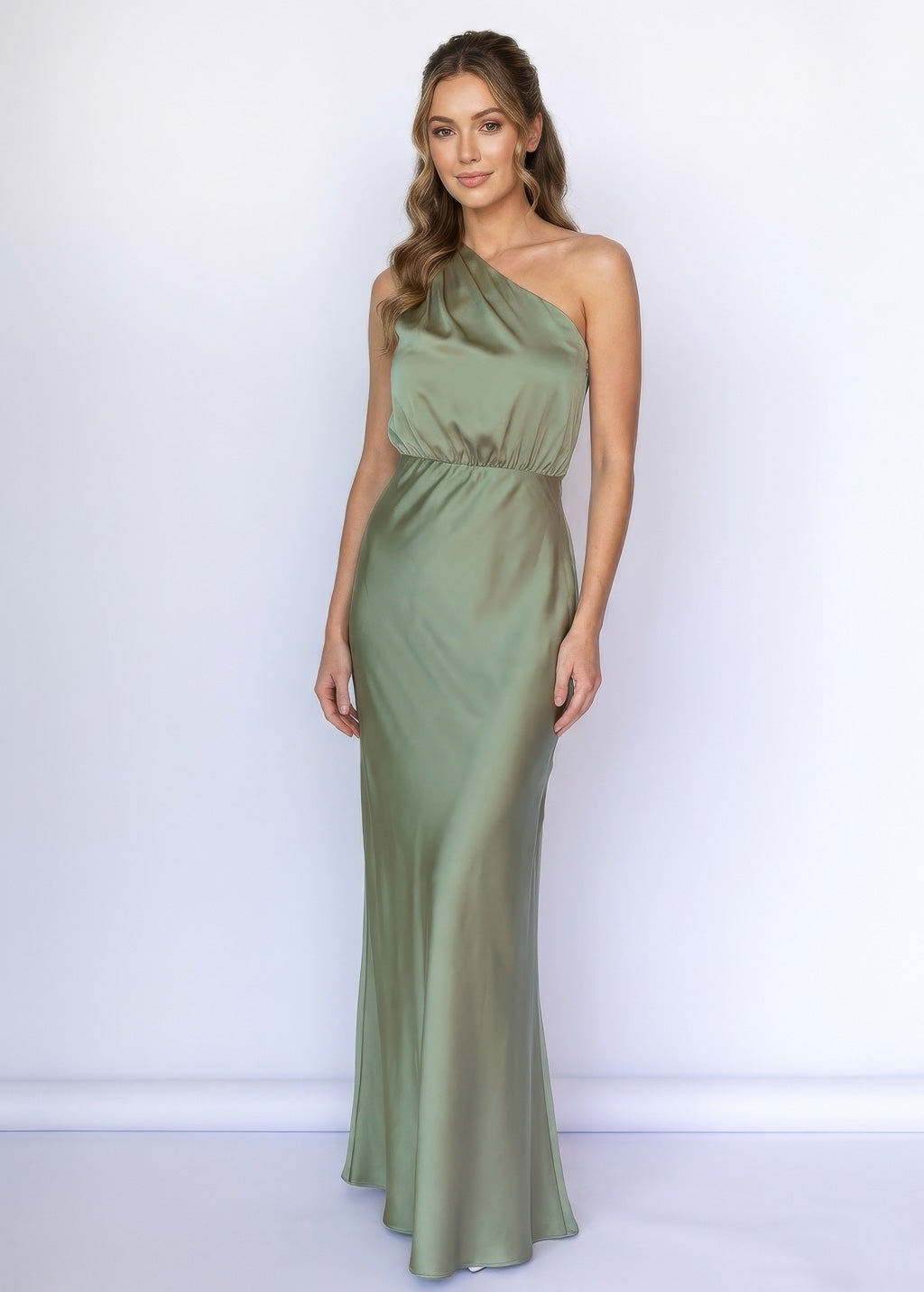 Шовкова святкова сукня на одне плече у кольорі Olive Green