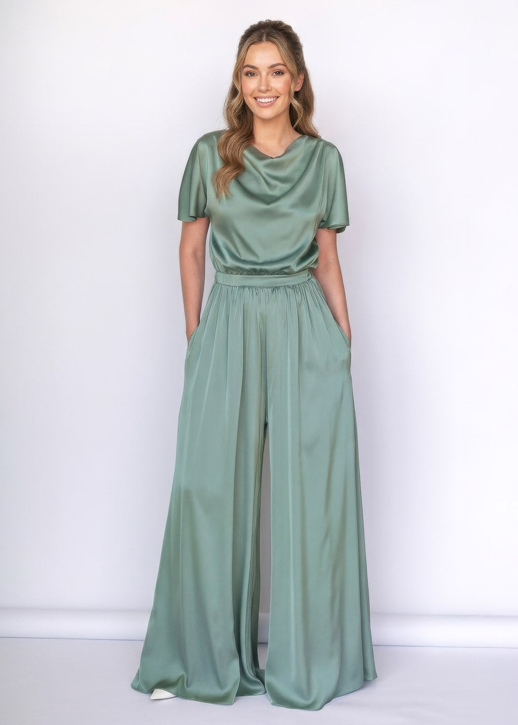 Шовковий комбінезон з кишенями в кольорі Sage Green
