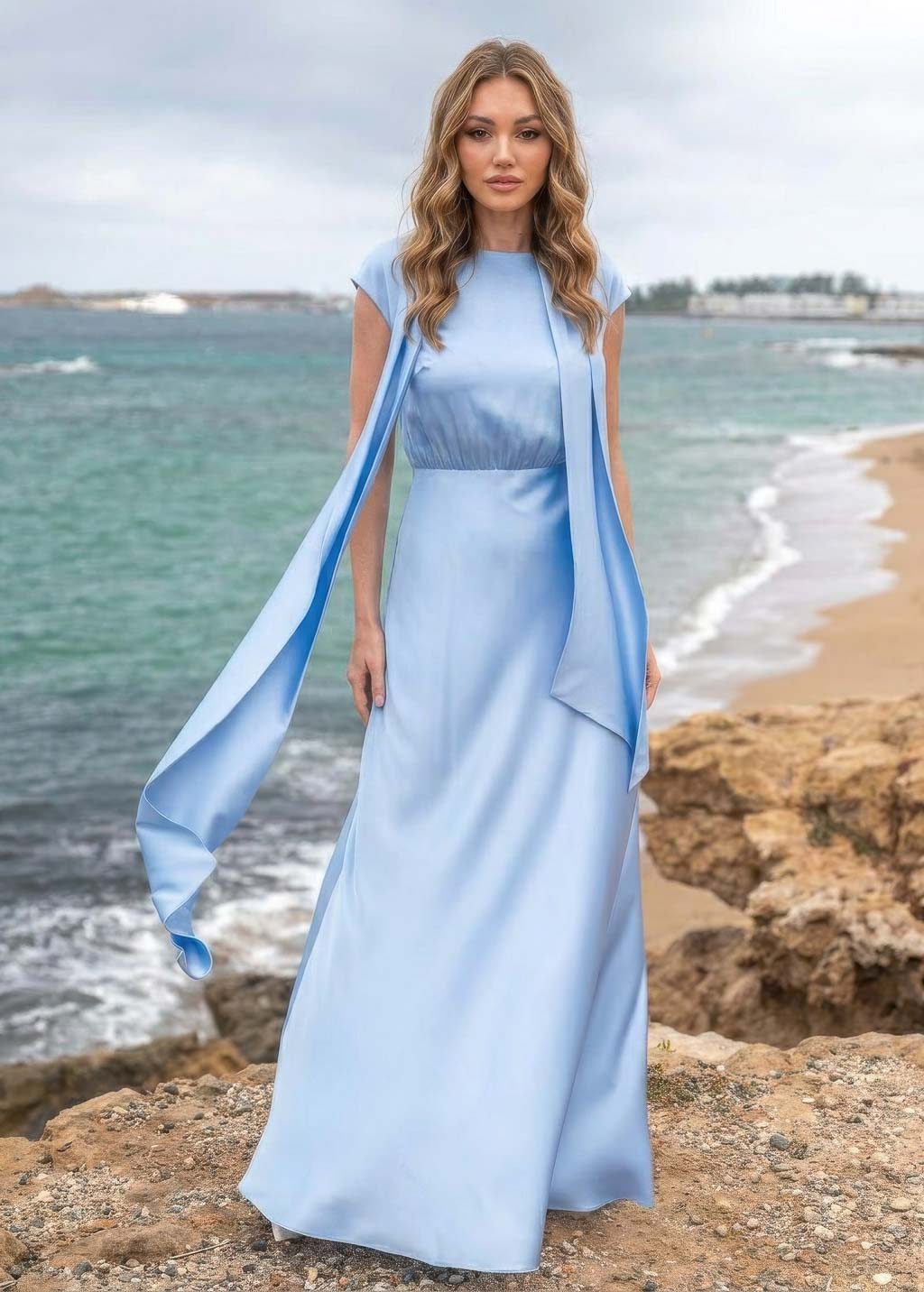 Шовкова витончена довга сукня з шарфом в кольорі Sky Blue