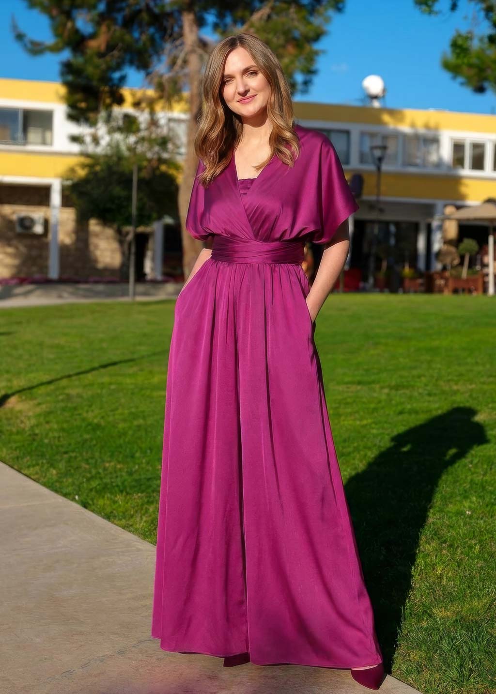 Шовковий комбінезон Infinity з кишенями в кольорі Dark Fuchsia