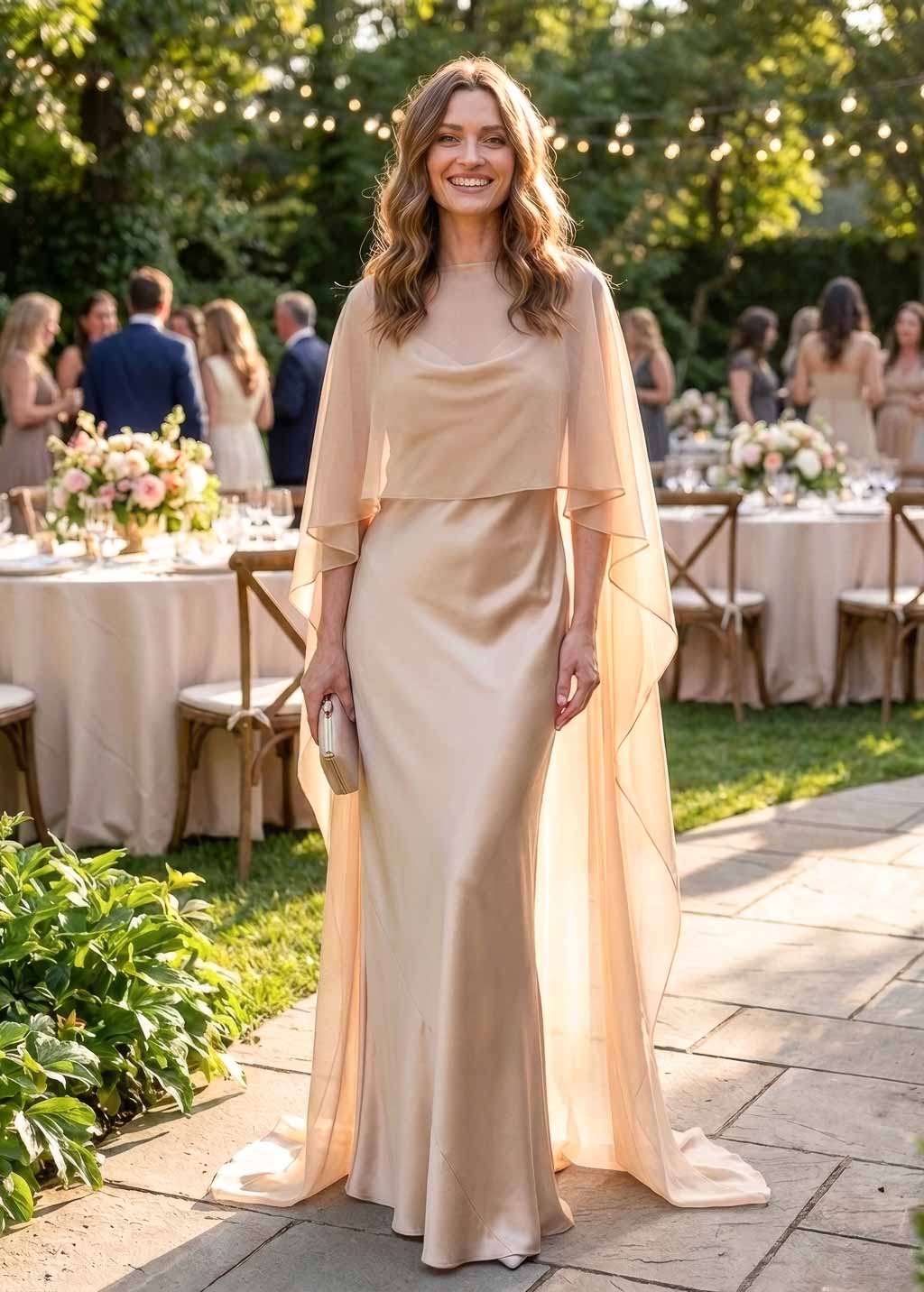 Шовкова довга сукня з шифоновим кейпом в кольорі Light Champagne