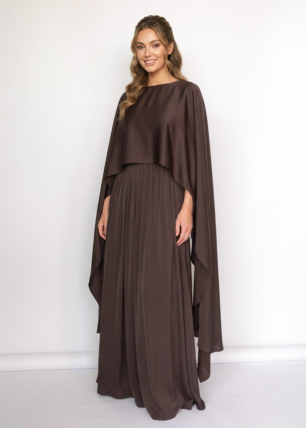 Шовкова довга сукня з кейпом в кольорі Chocolate Brown