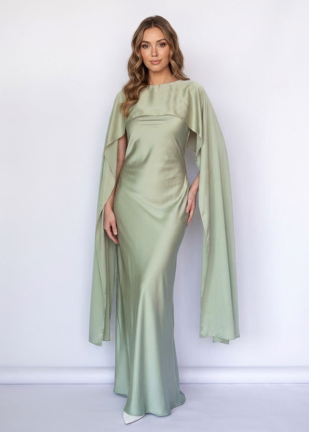 Шовкова довга сукня з шовковим кейпом в кольорі Moss Green