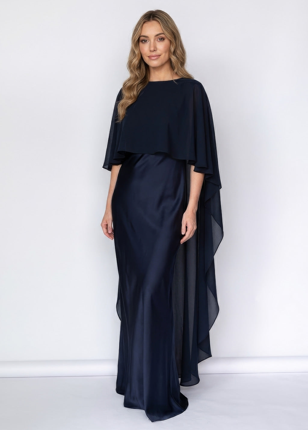 Шовкова сукня з шифоновим кейпом в кольорі Navy Blue
