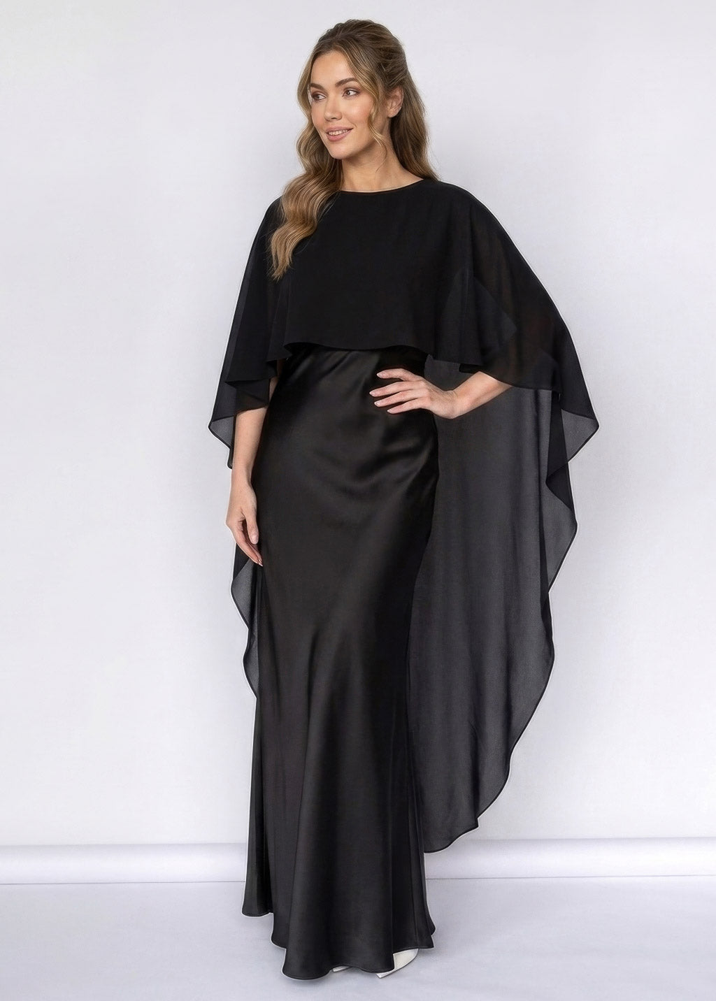 Шовкова довга сукня з шифоновим кейпом в кольорі Navy Blue