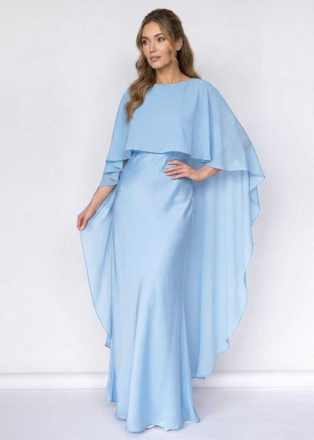 Шовкова довга сукня з шифоновим кейпом в кольорі Navy Blue