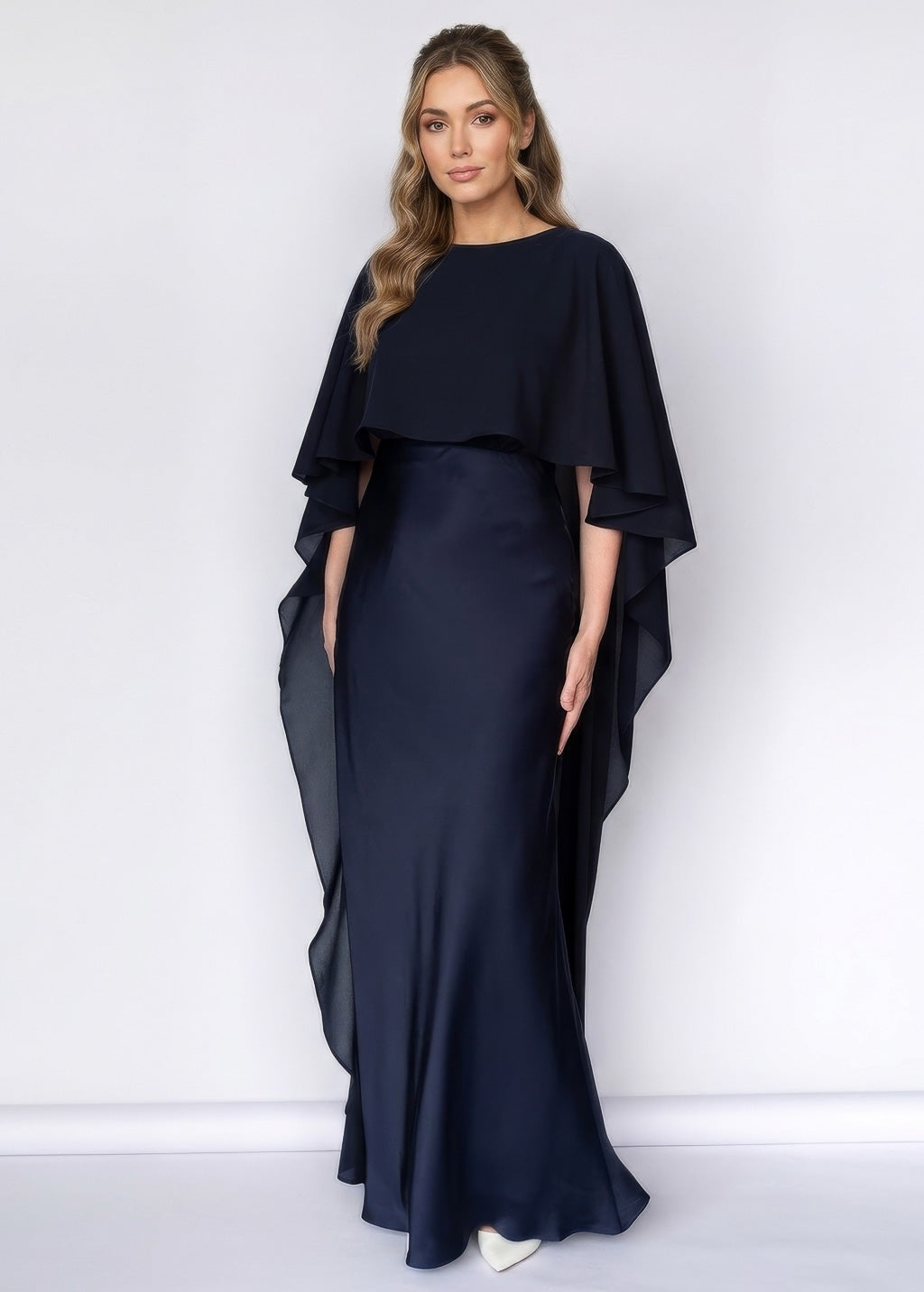 Шовкова довга сукня з шифоновим кейпом в кольорі Navy Blue